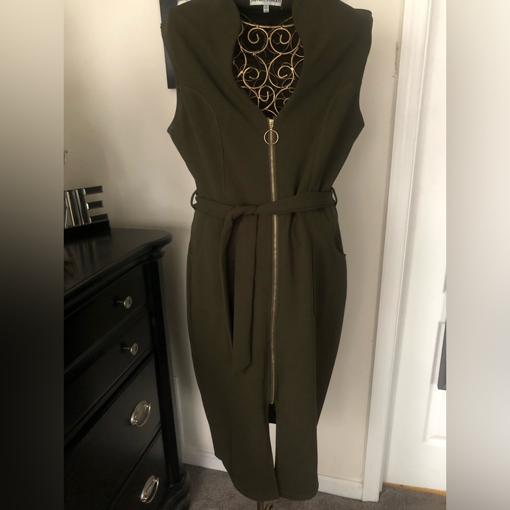 Green sleeveless dress with gold fixtures. A zipper down the middle of the dress